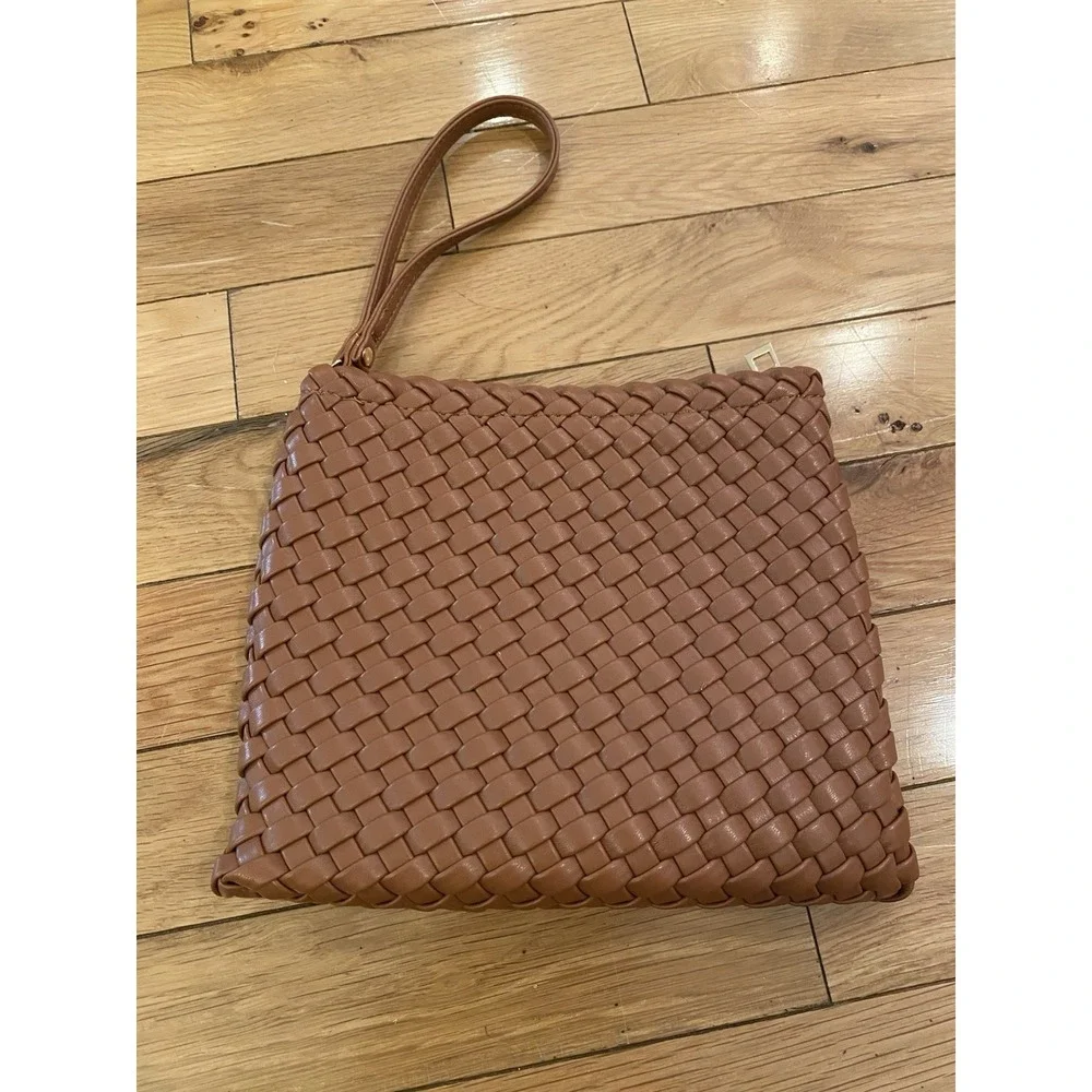 Rachel Zoe Woven Leather Wristlet Clutch in Brown